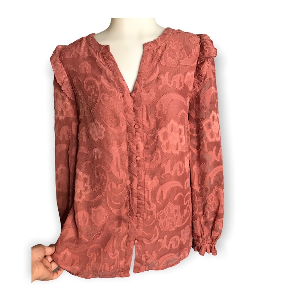 Promesa | Mauve Pink Textured Floral Button Down Blouse Bohemian •